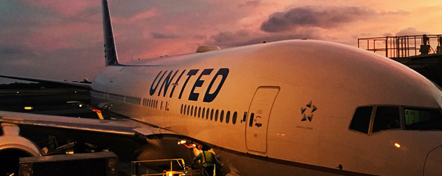 detail of a United airliner at sunset