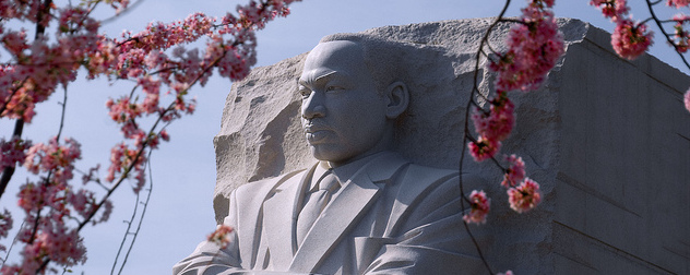 detail of Martin Luther King Jr. memorial with cherry blossoms in foreground