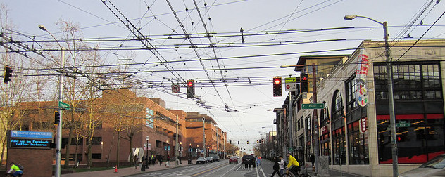 overhead streetcar wires in Seattle