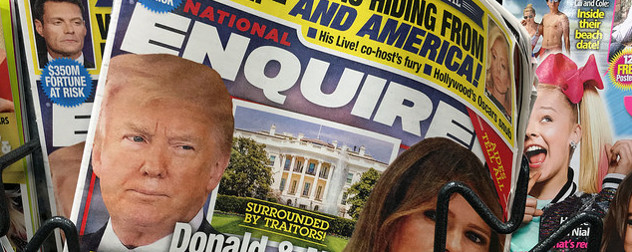 detail of AMI publication National Enquirer cover, with President Donald Trump and Melania Trump