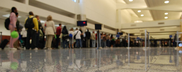 long airport security line, viewed from ground level