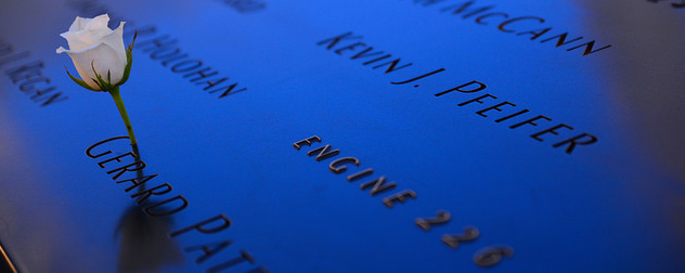 detail of 9/11 Memorial, with white rose