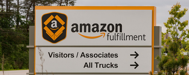 Amazon fulfillment center sign, directing visitors and trucks to the right