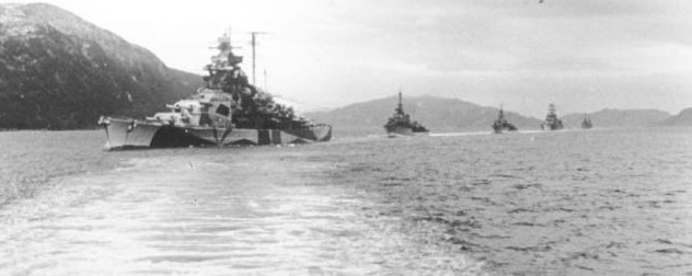 black and white image of the Tirpitz, with other ships in the background