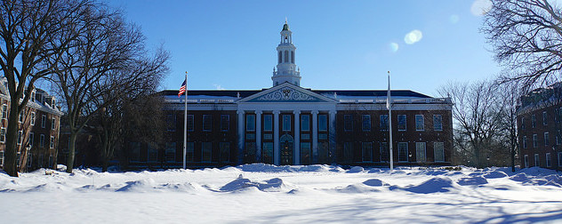 Harvard Business School, Cambridge, Mass. on a snowy day