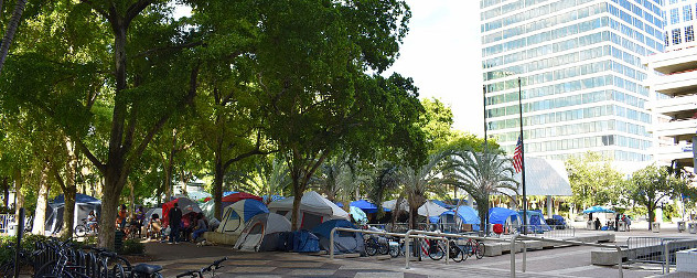 a collection of tents housing the homeless in downtown Fort Lauderdale, Florida