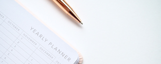 detail of a blank yearly planner and a ball-point pen.