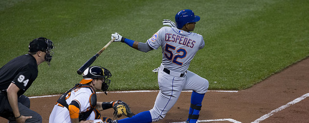 Cuban baseball player Yoenis Cespedes at bat for the New York Mets.