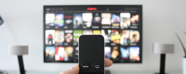 hand holding remote in foreground, TV menu out of focus in background.