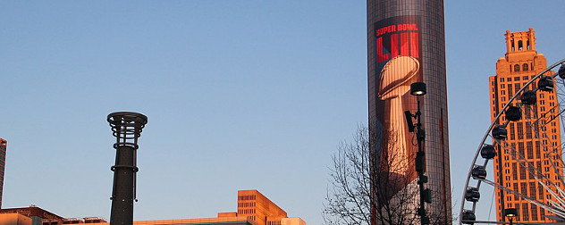 Super Bowl LIII banner on display in Centennial Olympic Park, Atlanta.