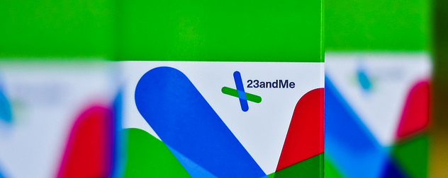 detail of 23andMe genetic testing kit package, circa 2010.