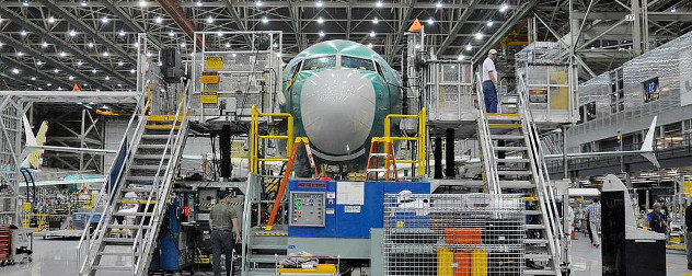 Boeing 737 MAX airliner on the assembly line.