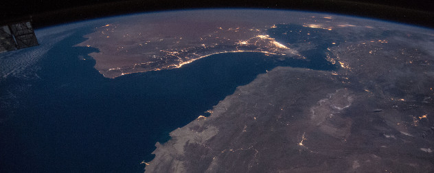 night view of the Gulf of Oman and the Strait of Hormuz as seen from space