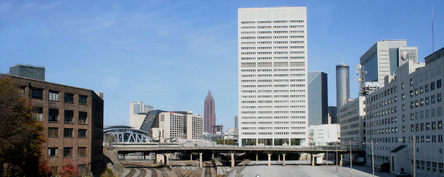 Atlanta skyline with Richard Russell Federal Building in foreground.