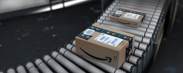 Amazon packages on a conveyor.