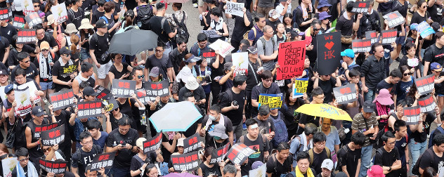 dense crowd of Hong Kong protesters, viewed from above.