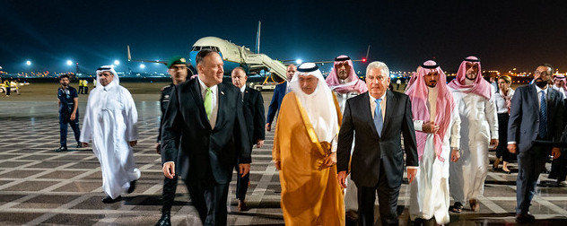 Michael R. Pompeo on the tarmac with others in Jeddah, Saudi Arabia following an attack attributed to Iran.