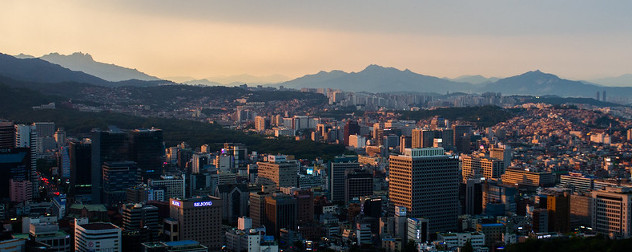 sunset over Seoul, South Korea skyline.