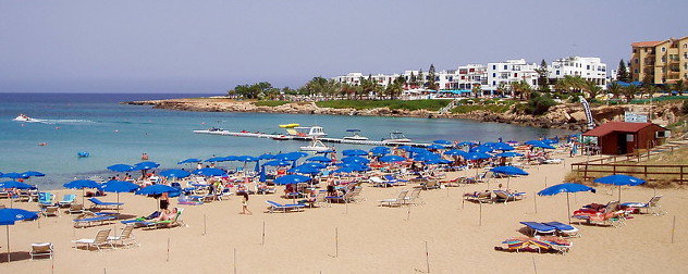 Protaras, Cyprus beach with tourists.