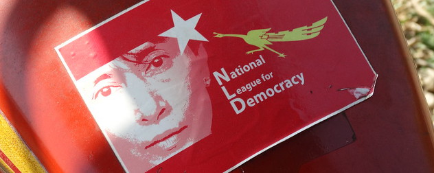 sticker promoting the National League for Democracy party, featuring Aung San Suu Kyi's face.