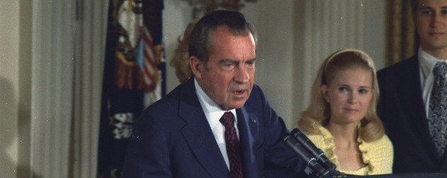 President Richard Nixon delivering his farewell address to his cabinet and White House staff.