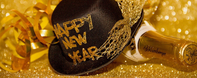 New Year's Eve hat and champagne bottle.