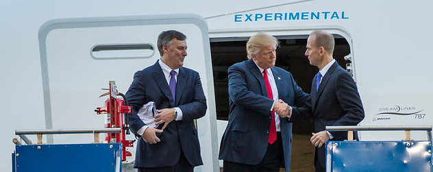Dennis Muilenburg, President Donald Trump and Kevin McAllister at the rollout of the first Boeing 787-10.