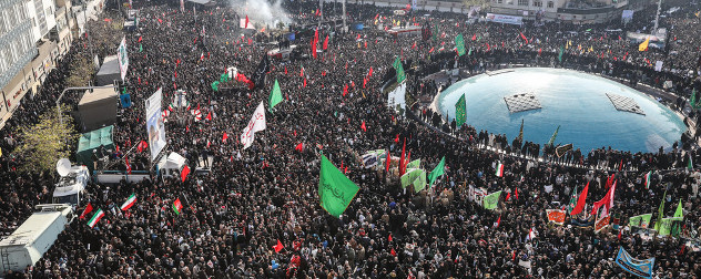 crowds in Tehran, Iran at the funeral of Qassem Soleimani.