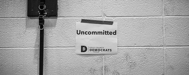 'uncommitted' sign at the Des Moines, Iowa Precinct 61 2020 Democratic caucus.