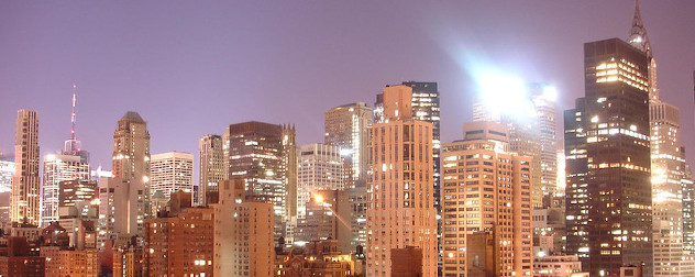 New York City skyline, including apartment complexes.