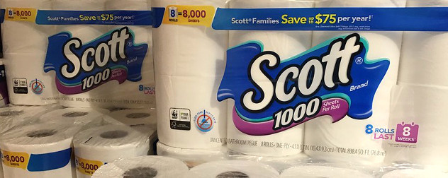 stacks of Scott brand toilet paper packages.