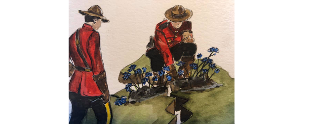 Nova Scotia shooting memorial painting, with two Mounties planting flowers.