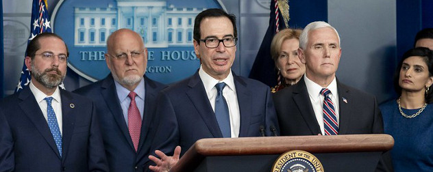 Treasury Secretary Steven Mnuchin with Vice President Mike Pence and other members of the White House Coronavirus Taskforce at a press briefing.