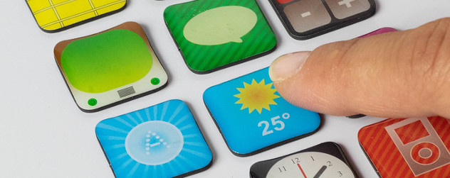 smart device with a user finger about to tap an icon for a weather app.