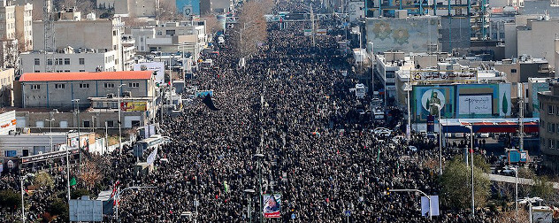 Large crowd at the funeral of Qassem Soleimani, Tehran, Iran.