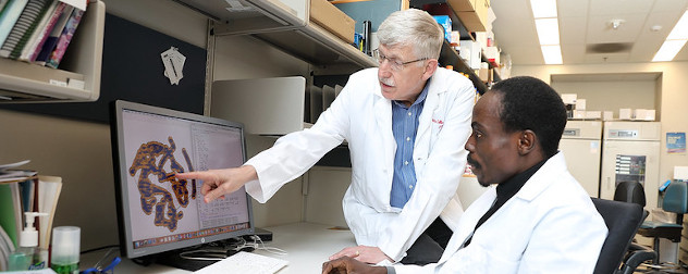 Drs. Idowu Aimola and Francis Collins, the later of whom remains skeptical of human challenge trials, looking at a computer imaging program.