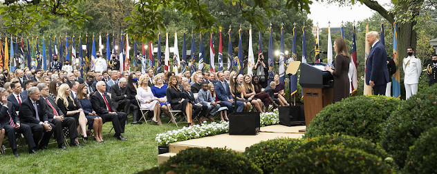 Judge Amy Coney Barrett delivers in the Rose Garden of the White House.