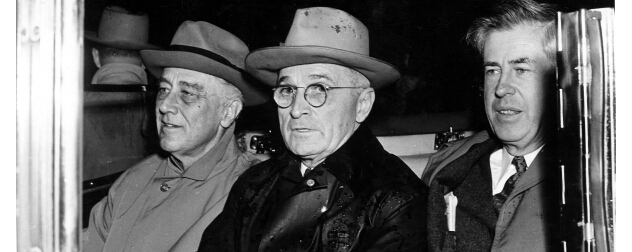 President Franklin D. Roosevelt, Vice-President-elect Harry S. Truman, and Vice-President Henry Wallace in a car.