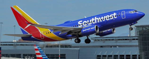 a Southwest-fleet Boeing MAX 737 taking off at McCarran International Airport, Las Vegas, Nevada.