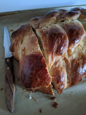 detail of braided, homemade bread.