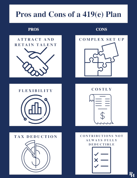 infographic, pros and cons of a 419(e) plan.