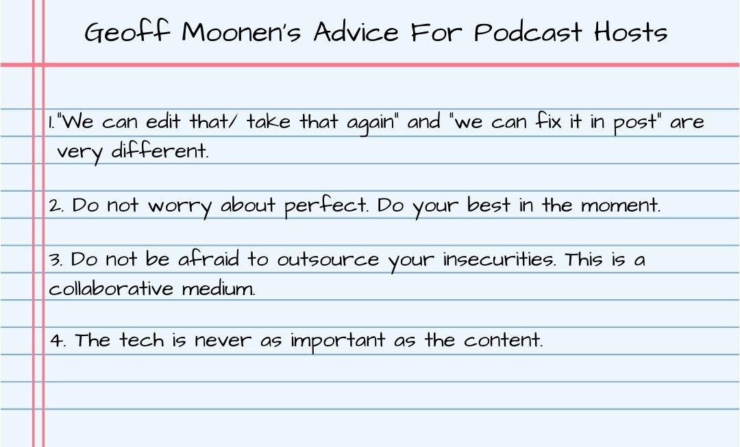 index card with podcast advice from Geoff Moonen.