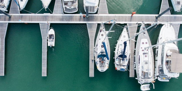 yachts docked, viewed from above.